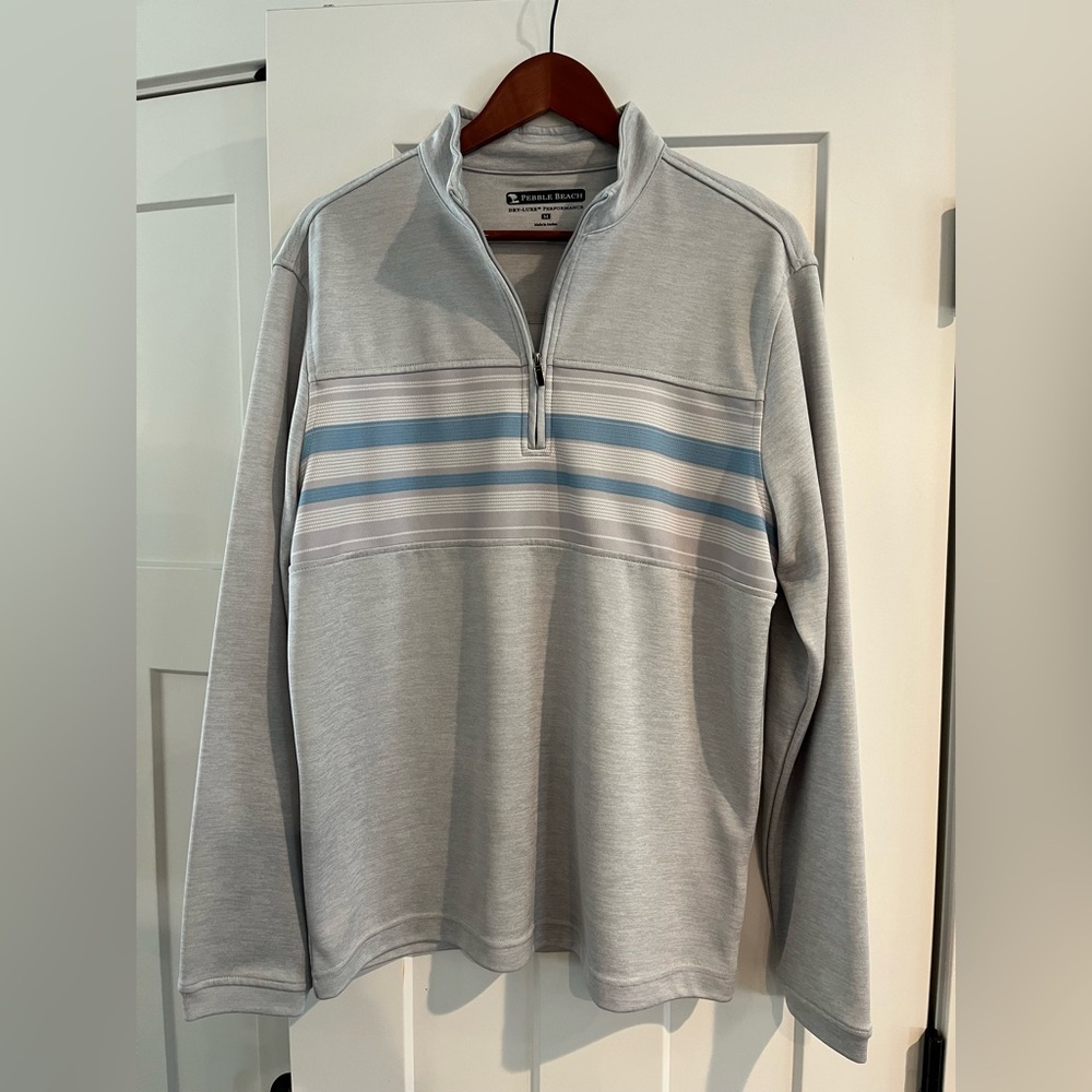 Pebble Beach Men's Zip-Up Sweater in Gray with Blue Stripes